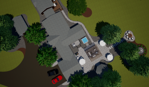 Aerial view of a house with a large patio, seating areas, umbrellas, a hot tub, cars parked in a driveway, and surrounding trees and greenery. - Cordes Family Landscape & Snow LLC Aerial view of a house with a large patio, seating areas, umbrellas, a hot tub, cars parked in a driveway, and surrounding trees and greenery.